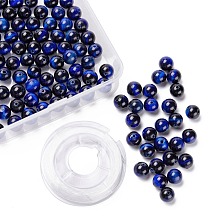 Honeyhandy 100Pcs 8mm Natural Tiger Eye Round Beads, with 10m Elastic Crystal Thread, for DIY Stretch Bracelets Making Kits, Dyed, Blue, 8mm, Hole: 1mm