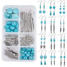 SUNNYCLUE 1 Box DIY 12 Pairs Turquoise Bead Dangle Earrings Making Kit Alloy Enamel Leaf Feather Pendants Charms with Eye Pin & Earring Hooks for DIY Earring Jewelery Making, Antique Silver