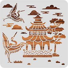 BENECREAT 12x12inch Oriental Theme Plastic Painting Templates, Pagoda Crane Pattern Drawing Stencils for Scrapbook Decoration DIY Crafts