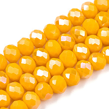 Honeyhandy Electroplate Glass Beads Strands, Opaque Solid Color, AB Color Plated, Faceted, Rondelle, Gold, 6x5mm, Hole: 1mm, about 85~88pcs/strand, 16.1~16.5 inch(41~42cm)