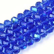 Honeyhandy Electroplate Glass Beads Strands, Half Rainbow Plated, Faceted, Rondelle, Medium Blue, 4x3mm, Hole: 0.4mm, about 113~115pcs/strand, 41~42cm