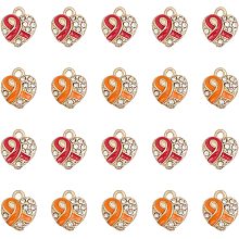 CHGCRAFT 20Pcs 2 Colors Heart Shape with Silk Ribbon Alloy Rhinestone Charms with Enamel for Bracelets Necklace Making, Light Gold