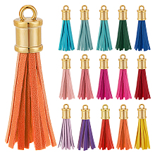 PandaHall Elite 15Pcs 15 Colors Imitation Leather Big Tassel Pendants, with Plastic Findings, Mixed Color, 75x13.5mm, Hole: 4.5mm, 1Pc/color