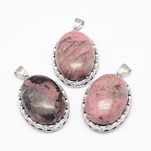 Honeyhandy Natural Rhodonite Pendants, with Brass Findings, Oval, Platinum, 30x21x10~11mm, Hole: 6x4mm