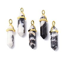 Honeyhandy Natural Zebra Jasper Pointed Pendants, with Random Brass Pendant Hexagon Bead Cap Bails, Golden, Bullet, 38.5~40x12~12.5x10~11mm, Hole: 3x4.5mm