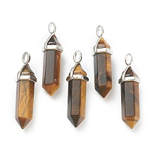 Honeyhandy Natural Tiger Eye Pendants, with Platinum Tone Brass Findings, Bullet, 39.5x12x11.5mm, Hole: 4.5x2.8mm