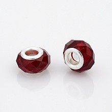 Honeyhandy Faceted Glass European Beads, Large Hole Rondelle Beads, with Silver Tone Brass Cores, Dark Red, 14x9mm, Hole: 5mm