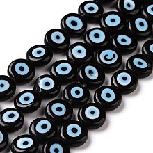 Handmade Evil Eye Lampwork Flat Round Bead Strands, Black, 10x4mm, Hole: 1mm, about 38pcs/strand, 14.96 inch