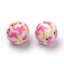 Honeyhandy Opaque Printed Acrylic Beads, Round with Flamingo Shape Pattern, Pearl Pink, 11.5~12x11mm, Hole: 2.5mm