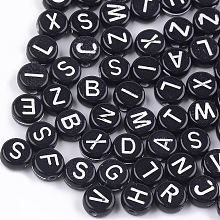 Honeyhandy Craft Style Acrylic Beads, Horizontal Hole, Flat Round with Letter, Black, 7x3mm, Hole: 1.5mm, about 4100pcs/500g