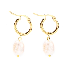 Honeyhandy 304 Stainless Steel Hoop Earrings, with Rice Natural Cultured Freshwater Pearl Beads, Golden, White, 37mm, Pin: 0.7x1mm