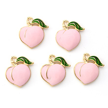 Honeyhandy Light Gold Plated Alloy Enamel Pendants, Peach, Pearl Pink, 17x16.5x1.5mm, Hole: 1.4mm