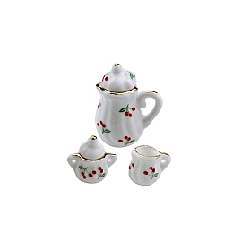 Honeyhandy Cherry Pattern Mini Ceramic Tea Sets, including Cup, Teapot, Sugar Bowl, Miniature Ornaments, Micro Landscape Garden Dollhouse Accessories, Pretending Prop Decorations, White, 16~27x13~36mm, 3pcs/set