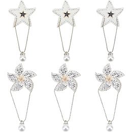 FINGERINSPIRE 6Pcs Star & Flower Rhinestone Clothes Patches, Iron on Crystal Patches with Chain & Imitation Pearl Beads Pendant for Dress Shoes Garment Hat Decoration (Silver, White)