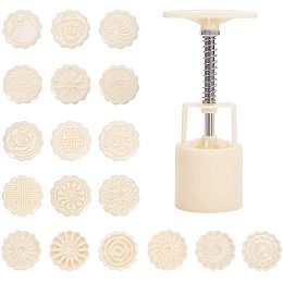 PH PandaHall 18 pcs Flower Mooncake Mold Stamps with 3 pcs Hand Press, Plastic Mold Kit for DIY Bath Bombs Moon Cake Making, Creamy White