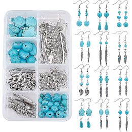 SUNNYCLUE 1 Box DIY 12 Pairs Turquoise Bead Dangle Earrings Making Kit Alloy Enamel Leaf Feather Pendants Charms with Eye Pin & Earring Hooks for DIY Earring Jewelery Making, Antique Silver