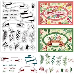 BENECREAT Merry Christmas PVC Clear Stamps, Branch Ribbon Bows Holly Leaves Clear Stamp for DIY Scrapbooking, Photo Album Decorative, Cards Making, 6.3x4.3inch