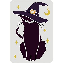 FINGERINSPIRE Black Cat Halloween Stencil, 11.7x8.3 inch Reusable Template Cat with Witch's Hat in Large Sizes for Painting DIY and Crafts Art Projects Wood Wall DIY T-Shirt Halloween Home Decor