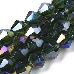 Honeyhandy Electroplate Glass Beads Strands, AB Color Plated, Faceted, Bicone, Dark Green, 7.5~8x7.5~8mm, Hole: 1.5mm, about 40pcs/strand, 11.81 inch