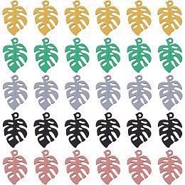 BENECREAT 30Pcs 5 Colors Spray Painted Alloy Charms Pendants, Banana Leaf Dangle Pendants for DIY Necklace Earrings Bracelet Wristband Keychain Jewelry Making, Hole: 3mm