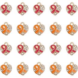 CHGCRAFT 20Pcs 2 Colors Heart Shape with Silk Ribbon Alloy Rhinestone Charms with Enamel for Bracelets Necklace Making, Light Gold