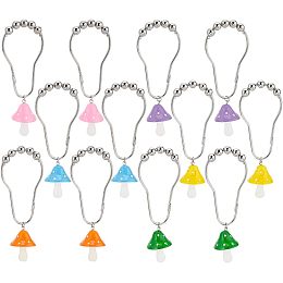 12 Pcs Shower Curtain Hooks, Mixed Color Iron Decorative Mushroom Shower Curtain Rings Metal Curtain Rings with Mushroom Resin Pendants for Bathroom Shower Curtain Rod