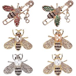 GORGECRAFT 6Pcs Bee Rhinestone Brooch Sweater Shawl Clip Honeybee Brooch Pins Crystal Insect Themed Alloy Badge with Rhinestone Plastic Pearl for Women Wife Sisters Friends Daily Wear or Dating