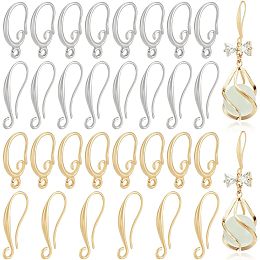 BENECREAT 32 PCS 4 Styles Real Gold and White Gold Plated Brass Earring Hooks, Curved Ear Hooks with Horizontal Loops, for Jewelry Making, DIY Craft Creations，Pin: 1mm