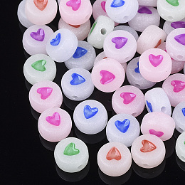 Honeyhandy Luminous Acrylic Beads, Flat Round with Heart, Mixed Color, 7x3.5~4mm, Hole: 1.2mm, about 3590pcs/500g