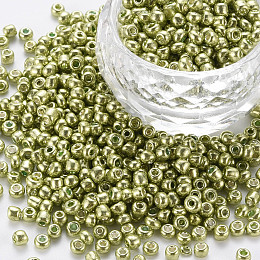 Honeyhandy 8/0 Glass Seed Beads, Metallic Colours Style, Round, Olive Drab, 8/0, 3mm, Hole: 1mm, about 10000pcs/pound