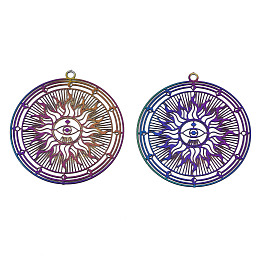 Honeyhandy Ion Plating(IP) 201 Stainless Steel Filigree Pendants, Etched Metal Embellishments, Flat Round with Sun, Rainbow Color, 32.5x30x0.3mm, Hole: 1.6mm