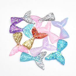 Honeyhandy Resin Cabochons, with Glitter Powder, Mermaid Tail Shaped, Mixed Color, 41x33x7mm