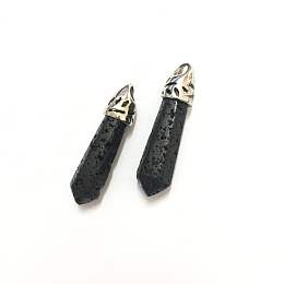 Honeyhandy Bullet Natural Lava Rock Pointed Pendants, with Platinum Plated Alloy Findings, 33~40x8~10mm, Hole: 3x2mm