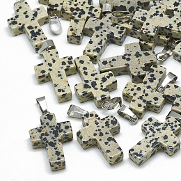 Honeyhandy Natural Dalmatian Jasper Pendants, with Stainless Steel Snap On Bails, Cross, 29~30x18~19x5~6mm, Hole: 6x4mm