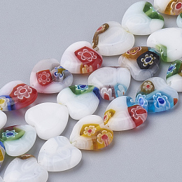 Honeyhandy Handmade Millefiori Lampwork Beads Strands, Heart, Mixed Color, 10x10x3mm, Hole: 1mm, about 39pcs/strand, 14.1 inch