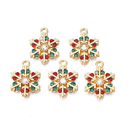 Honeyhandy Rack Plating Alloy Pendants, with ABS Plastic Imitation Pearl and Colorful Rhinestone, Cadmium Free & Nickel Free & Lead Free, Christmas Snowflake, Light Gold, 19.5x14.5x3mm, Hole: 1.6mm