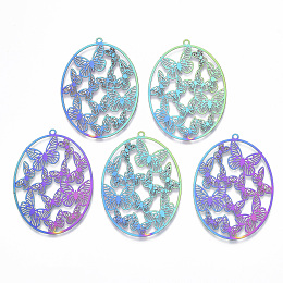 Honeyhandy Ion Plating(IP) 201 Stainless Steel Filigree Pendants, Etched Metal Embellishments, Oval with Butterfly, Rainbow Color, 48.5x35x0.4mm, Hole: 1.6mm