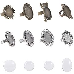 DIY Ring Making, Adjustable Iron & Alloy Finger Rings Components and Clear Glass Cabochons, Mixed Shapes, Antique Bronze & Antique Silver, 118x72x35mm