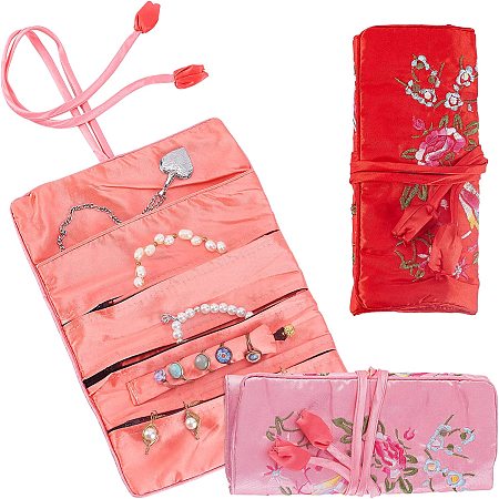 PandaHall Elite 2pcs Flower Brocade Bag Embroidery Jewelry Bag, Foldable Travel Bag Floral Silk Bag Storage Case with Tie Close Jewelry Organizer Roll for Rings Necklaces Earrings Bracelets
