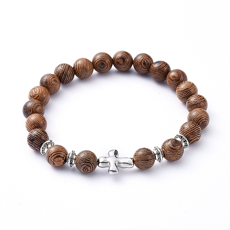 Honeyhandy Stretch Bracelets, with Natural Wood Beads and Tibetan Style Alloy Beads, Cross, Coconut Brown, Inner Diameter: 2 inch(5.1cm)