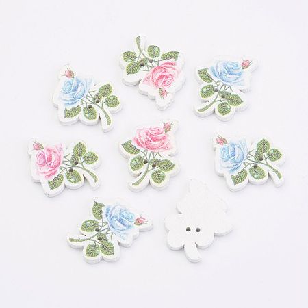 Honeyhandy Wooden Buttons, Flower, Mixed Color, 31x25x3mm, Hole: 1.5mm