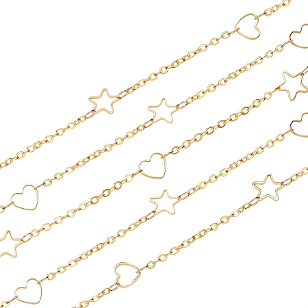 2M Brass Cable Chains, with Linking Rings, Soldered, Long-Lasting Plated, Heart & Starr, Real 18K Gold Plated, 1.6x2x0.4mm, 2m/box