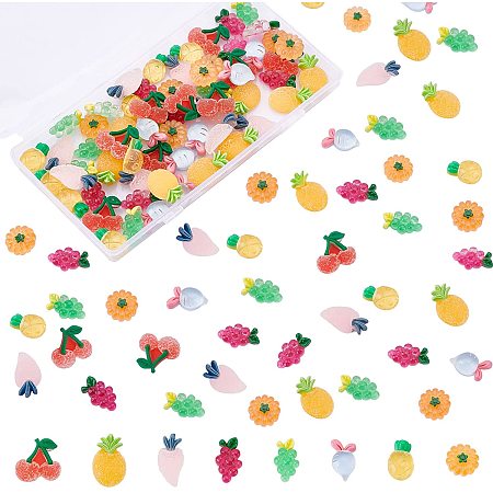 NBEADS 96 Pcs 8 Styles Resin Fruit Cabochons, Small Cherry Fruit Grape Carrot Flatback Transparent Resin Decor Mixed Color Slime Charms Set for DIY Craft Making Ornament Scrapbooking
