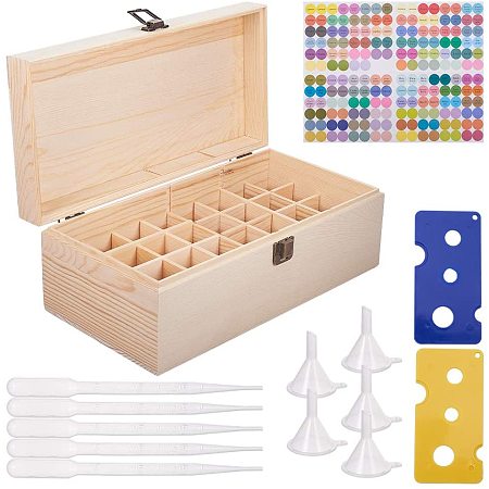 BENECREAT 32 Slots Wooden Essential Oil Box Case with Adjustable Slot, 1 Sheet Round Colored Label, 2 Openers, 5 funnels and 10 Droppers - Suitable for 5ml to 30ml Essential Bottles