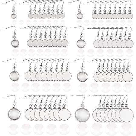 DICOSMETIC 64 Sets 8 Sizes Stainless Steel Cabochon Settings Flat Round Pendant Trays Plain Edge Bezel Cups with Transparent Glass Cabochons and Jump Rings for Jewelry Making