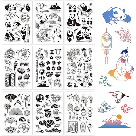 GLOBLELAND 9 Sheets Oriental Style Silicone Clear Stamps Seal for Card Making Decoration and DIY Scrapbooking(The Panda, Red-Crowned Cranes, Sushi, Geisha, The Fan, Cloud, The Lantern)