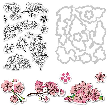 GLOBLELAND 1Set Cherry Blossom Cut Dies and Clear Stamp Set Pink Flower Embossing Template Mould and Silicone Stamp for Card Scrapbook Card DIY Craft
