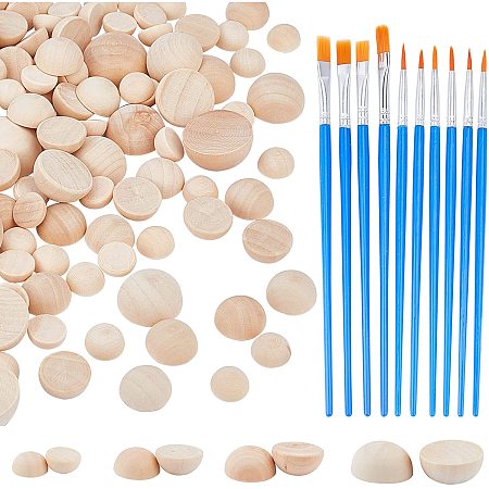 NBEADS 180 Pcs Half Wood Balls, Include 10 Pcs Wooden Paint Brushes Pens Unfinished Ornaments Balls for DIY Craft Projects Making Christmas Supplies
