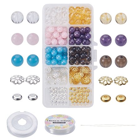 SUNNYCLUE 120pcs 8mm Natural Agate Round Gemstone Beads for Jewelry Making with 50pcs Flower Bead Caps, 50pcs Bead Spacers, 2rolls Crystal Elastic Thread and Beading Needle(Cold Color)