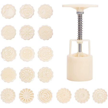 PH PandaHall 18 pcs Flower Mooncake Mold Stamps with 3 pcs Hand Press, Plastic Mold Kit for DIY Bath Bombs Moon Cake Making, Creamy White